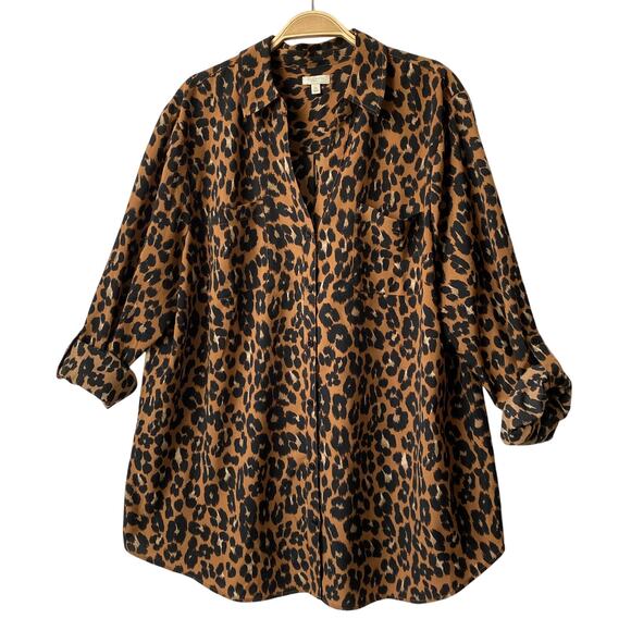 Talbots Leopard Print Button‎ Up Shirt Women 2X Brown Mobwife Roll Tab Sleeve - Picture 1 of 8